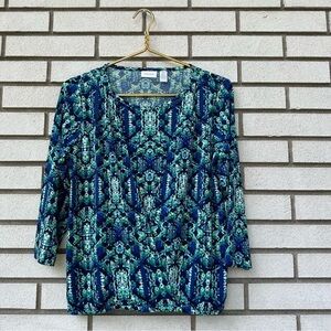 Chico’s Blue Green Geometric Three Quarter Sleeve Overlay Knit Wrap Top